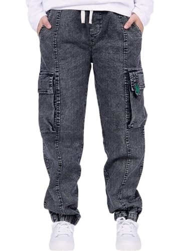 NATUST Kinder Cargo Jeans Jungs Jogginghose mit Gummibund Schwarz 160 von NATUST