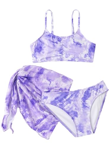 NATUST Mädchen Badeanzug 3-teilig Bikini Set Bikinioberteil mit Triangel Bikinihose und Rock Violett 13-14 Jahre von NATUST