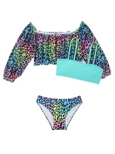 NATUST Mädchen Badeanzug Dreiteilige Bikini-Sets Cover Up Bademode Leopardenmuster Strandmode Schwimmen Violett 128-134 (Herstellergröße 7-8) von NATUST