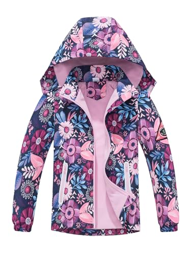 NATUST Mädchen Gefütterte Regenjacke Kinder Winddicht Übergangsjacke Jungen Warm Atmungsaktiv Softshelljacke mit Abtrennbare Kapuze 3D Blumendruck 116-122/120 von NATUST