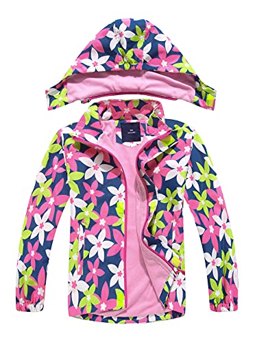 NATUST Mädchen Gefütterte Regenjacke Kinder Winddicht Übergangsjacke Jungen Warm Atmungsaktiv Softshelljacke mit Abtrennbare Kapuze Blume 104-110 von NATUST