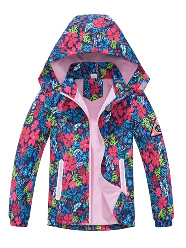 NATUST Mädchen Gefütterte Regenjacke Kinder Winddicht Übergangsjacke Jungen Warm Atmungsaktiv Softshelljacke mit Abtrennbare Kapuze Blumendruck Blau 116-122/120 von NATUST