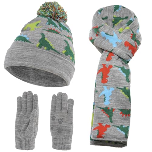 NATUST Mütze Schal Handschuh-Sets für Jungen Dinosaurier Wintermütze mit Bommel Warmer Strickschal Handschuhe Grau von NATUST
