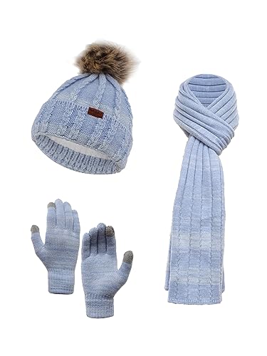 NATUST Mütze Schal Handschuhe Set Damen Winter Dickes Strickset Weiche Warme Gestrickt Langer Schal Touchscreen Handschuhe Blau von NATUST