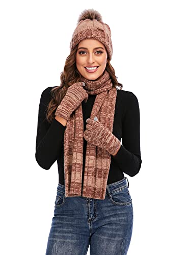 NATUST Mütze Schal Handschuhe Set Damen Winter Dickes Strickset Weiche Warme Gestrickt Langer Schal Touchscreen Handschuhe Braun von NATUST