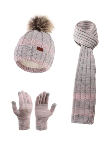 NATUST Mütze Schal Handschuhe Set Damen Winter Dickes Strickset Weiche Warme Gestrickt Langer Schal Touchscreen Handschuhe Grau Rosa von NATUST