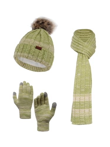 NATUST Mütze Schal Handschuhe Set Damen Winter Dickes Strickset Weiche Warme Gestrickt Langer Schal Touchscreen Handschuhe Grün von NATUST