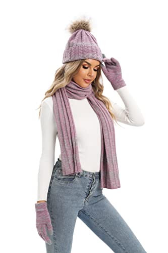 NATUST Mütze Schal Handschuhe Set Damen Winter Dickes Strickset Weiche Warme Gestrickt Langer Schal Touchscreen Handschuhe Hot Pink von NATUST