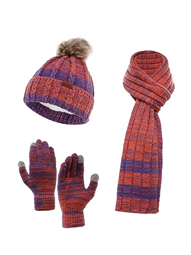 NATUST Mütze Schal Handschuhe Set Damen Winter Dickes Strickset Weiche Warme Gestrickt Langer Schal Touchscreen Handschuhe Orange von NATUST