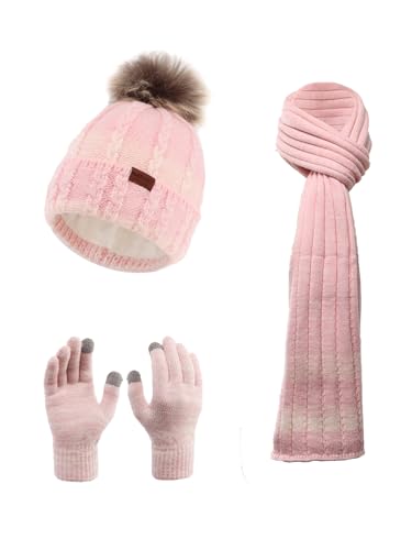 NATUST Mütze Schal Handschuhe Set Damen Winter Dickes Strickset Weiche Warme Gestrickt Langer Schal Touchscreen Handschuhe Rosa von NATUST