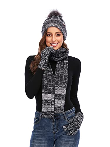 NATUST Mütze Schal Handschuhe Set Damen Winter Dickes Strickset Weiche Warme Gestrickt Langer Schal Touchscreen Handschuhe Schwarz von NATUST