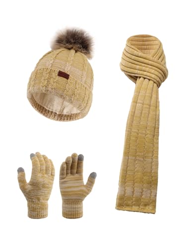 NATUST Mütze Schal Handschuhe Set Damen Winter Dickes Strickset Weiche Warme Gestrickt Langer Schal Touchscreen Handschuhe senfgelb von NATUST
