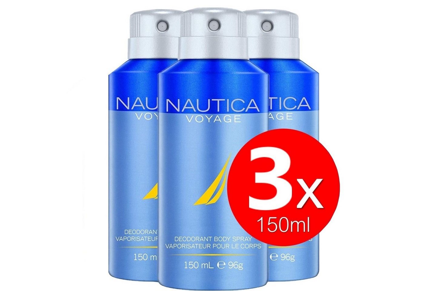 NAUTICA Deo-Spray Nautica Voyage Deo Spray Set 150ml Bodyspray Beauty Deodorant 150ml -, Deospray Schutz vor Körpergerüche und Achselnässe Deo-Spray kühle frische Antitranspirant Schutz für Achseln Herren Männer, 3-tlg., 24 Stunden Schutz aromatisch frischer Herrenduft Duftspray von NAUTICA