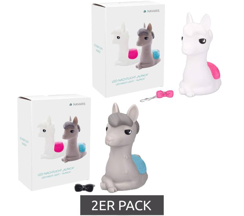 2er Pack NAVARIS Kinder LED Alpaka-Nachtlicht mit RGB-Farbwechsel batteriebetriebenes Schlummerlicht Grau/Blau oder Weiß/Rosa von NAVARIS