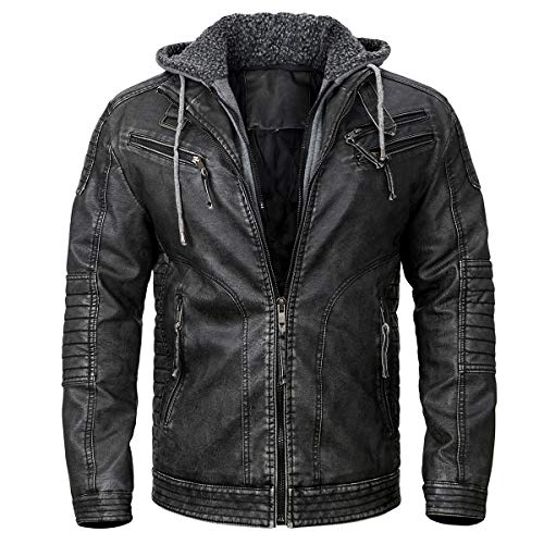 NAVEKULL Herren Kunstlederjacke Warme Winterjacke Vintage Motorradjacke Übergangsjacke Biker Windbreaker Bomber Lederjacke mit abnehmbarer Kapuze von NAVEKULL