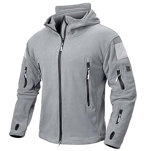 NAVEKULL Herren Taktische Hoodie Fleece Jacke Winter Warm Full Zip Military Army Outdoor Wandern Mantel mit 7 Reißverschlusstaschen, Hellgrau, XL von NAVEKULL