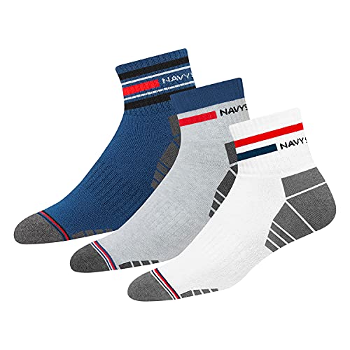 NAVYSPORT 3 Paar Sportsocken Tennissocken Arbeitssocken Herren & Damen Baumwolle Unisex (Viertellänge) Quarter Socken, EU 35-38, (Contra Weiß, Grau, Denim Blau) von NAVYSPORT