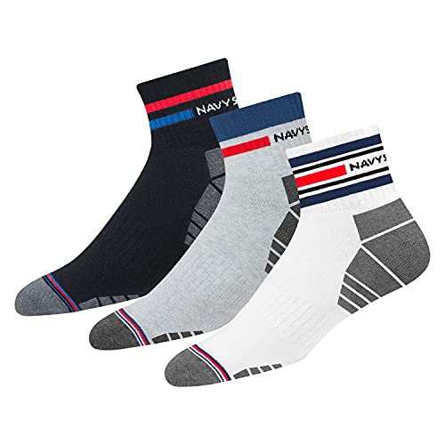 NAVYSPORT 3 Paar Sportsocken Tennissocken Arbeitssocken Herren & Damen Baumwolle Unisex (Viertellänge) Quarter Socken, EU 47-49, (Contra Weiß, Grau Schwarz) von NAVYSPORT