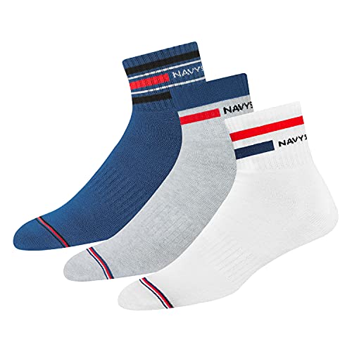 NAVYSPORT 3 Paar Sportsocken Tennissocken Arbeitssocken Herren & Damen Baumwolle Unisex (Viertellänge) Quarter Socken, EU 47-49, (Weiß, Grau, Denim Blau) von NAVYSPORT