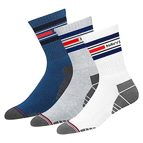 NAVYSPORT Advance-Serie Sportsocken Tennissocken Arbeitssocken Herren & Damen Baumwolle Unisex Crew Socken, (3 Paar) Größe: 35-38, (Weiß, Grau, Denim Blau) von NAVYSPORT