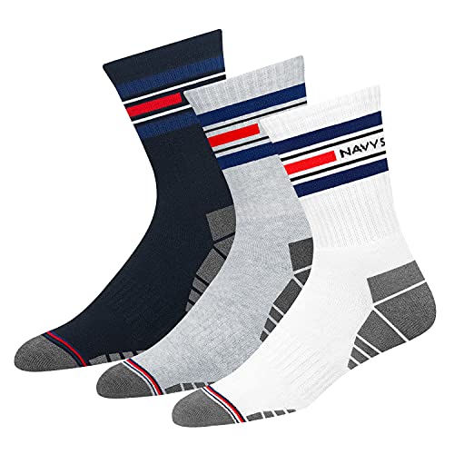 NAVYSPORT Advance-Serie Sportsocken Tennissocken Arbeitssocken Herren & Damen Baumwolle Unisex Crew Socken, (3 Paar) Größe: 35-38, (Weiß, Grau, Schwarz) von NAVYSPORT