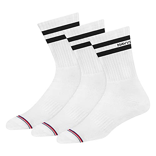 NAVYSPORT Advance-Serie Sportsocken Tennissocken Arbeitssocken Herren & Damen Baumwolle Unisex Crew Socken, (3 Paar) Größe: 43-46, (Weiß) von NAVYSPORT