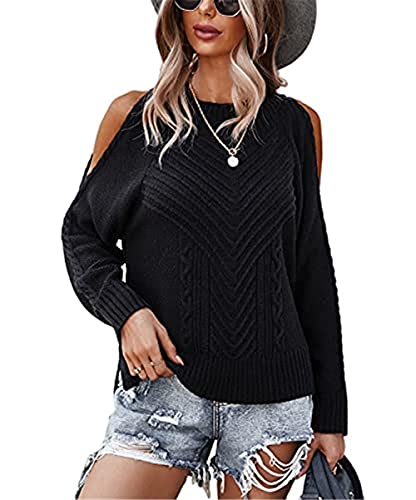 NAY Nalakey Damen Pullover Schulterfrei Mode Vorne Kurz und Hinten Lang Halbhoher Kragen Pulli Casual Rundhalsausschnitt Langarm Strickoberteile von NAY