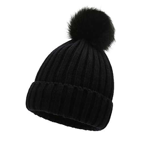 NAY Nalakey Winter Mütze Warme Wintermütze mit Fleece Innenfutter Strick Beanie Wintermütze mit Kunstfell Bommel Damen für Winter Bommelmütze Hergestellt (Schwarz) von NAY