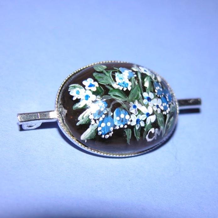Vintage Hand Bemalte Signierte Glas Und Sterling Silber Pin Brosche von NAttic
