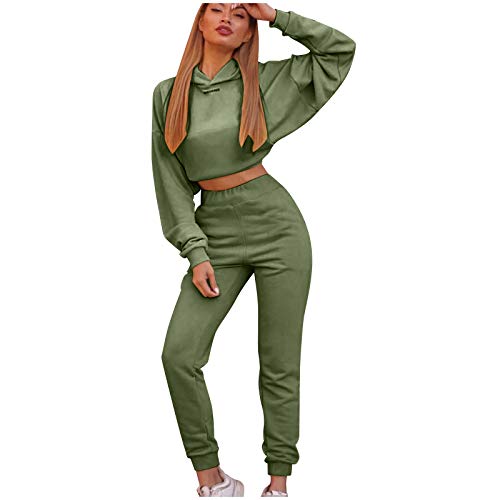 NBAA Damen Sportanzug Set Trainingsanzug Jogginganzug, Taschen-Design elastischer Bund für Sport Fitness Running Yoga Gym Kapuzenpullover Crop Top + Lange Hose Sportswear Freizeitanzug 2 Teiler Set von NBAA