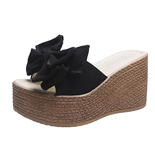 Sandalen Damen Sommer RöMersandalen Peep Toe Ohne Verschluss Sandalen Bohemia Strand Schuhe Mid Wedge Sandals Pantolette Flache Flip-Flops Böhmen Latschen Schuhe PU Leder Schuhe (Black, 36) von NBAA