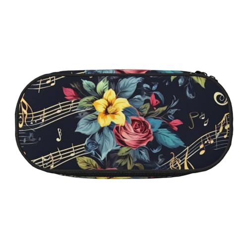 Federmäppchen mit Musiknoten-Blumendruck, leicht, tragbar, geräumiges Federmäppchen, Schulbedarf, Make-up-Aufbewahrung, Schwarz , Einheitsgröße, Taschen-Organizer von NBAGHPQ
