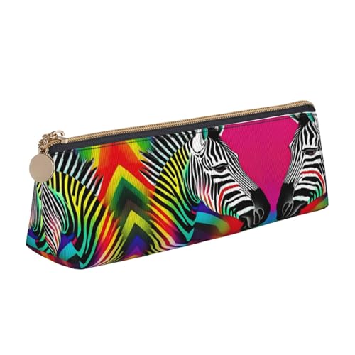 NBAGHPQ Farbenfrohes Federmäppchen aus Leder, mit Regenbogen-Zebramuster, hohe Kapazität, mit Reißverschluss, dreieckig, für Jungen und Mädchen von NBAGHPQ