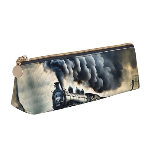 NBAGHPQ Federmäppchen mit Dampfzug und Wolkendruck, stilvolles Leder-Federmäppchen, mit Reißverschluss, dreieckig, für Jungen und Mädchen von NBAGHPQ