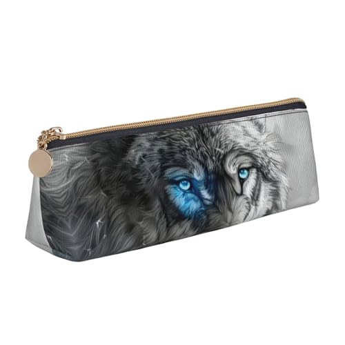 NBAGHPQ Federmäppchen mit blauen Augen und Wolfsaufdruck, stilvolles Federmäppchen aus Leder, mit Reißverschluss, dreieckig, für Jungen und Mädchen von NBAGHPQ
