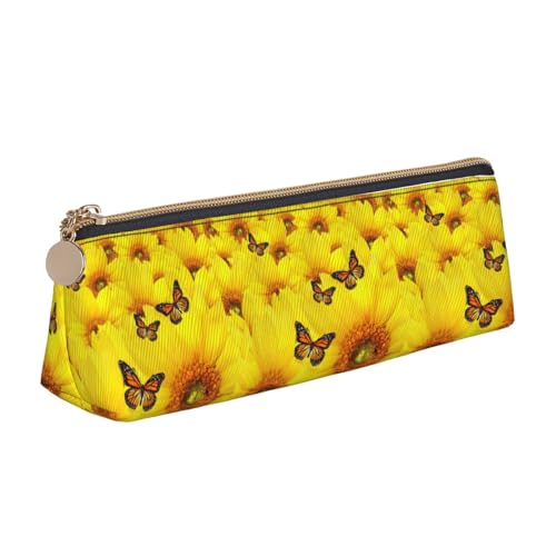 NBAGHPQ Federmäppchen mit gelben Blumen und Schmetterlingen, stilvolles Federmäppchen aus Leder, mit Reißverschluss, dreieckig, für Jungen und Mädchen von NBAGHPQ