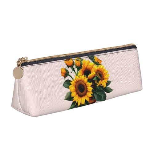 NBAGHPQ Stilvolles, hochwertiges Federmäppchen aus Leder mit Sonnenblumen- und Rosenmuster, mit Reißverschluss, dreieckig, für Jungen und Mädchen von NBAGHPQ