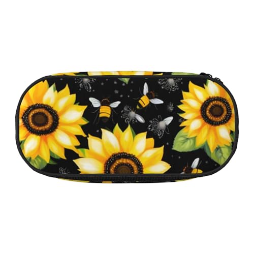 Tragbares Federmäppchen mit Sonnenblumen-Bienen-Druck, geräumiges Federmäppchen, Schulbedarf, Make-up-Aufbewahrung, Schwarz , Einheitsgröße, Taschen-Organizer von NBAGHPQ