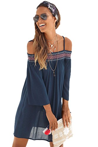MASHIKOU Damen T-Shirt Tunika Sommer Boho Schulterfreies Gestickt Ausschnitt Kaftan Chiffon Strandkleid Beach Bikini Cover Up Bluse Strandponcho (Marine, S) von NBBNYJ