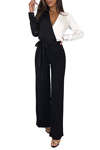 MASHIKOU Overall Damen elegant festlich Asymmetrischer Langarm V-Ausschnitt Belted Lang Breites Bein Hoher Taille Party Hose Jumpsuit Playsuits Herbst Winter (Schwarz Weiß, Small) von NBBNYJ