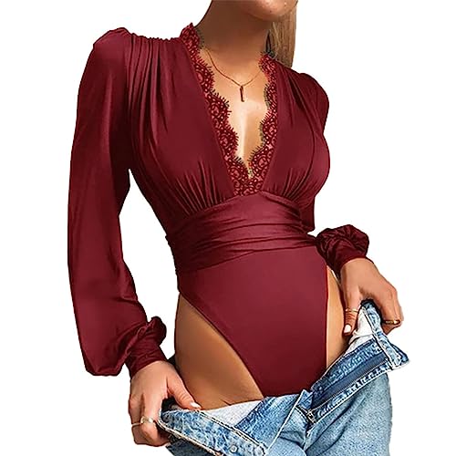 NBBNYJ Body Damen Langarm Spitze Bodysuit Tiefer V Ausschnitt Spitzenbesatz Raffungen Bodies Casual Langarmshirt Oberteil Overall Damenbody Unterziehbody Blusenbody Jumpsuit Top für Frauen Lila,XXL von NBBNYJ