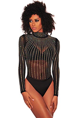 NBBNYJ Body Schwarz Damen Sexy Strass Pailletten Langarm Bodysuit Sheer Mesh unterwäsche Shapewear Leotard Top Overalls Bluse (Schwarz-2, Large) von NBBNYJ