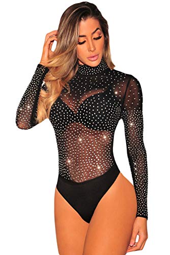 NBBNYJ Body Schwarz Damen Sexy Strass Pailletten Langarm Bodysuit Sheer Mesh unterwäsche Shapewear Leotard Top Overalls Bluse (Schwarz-4, Medium) von NBBNYJ