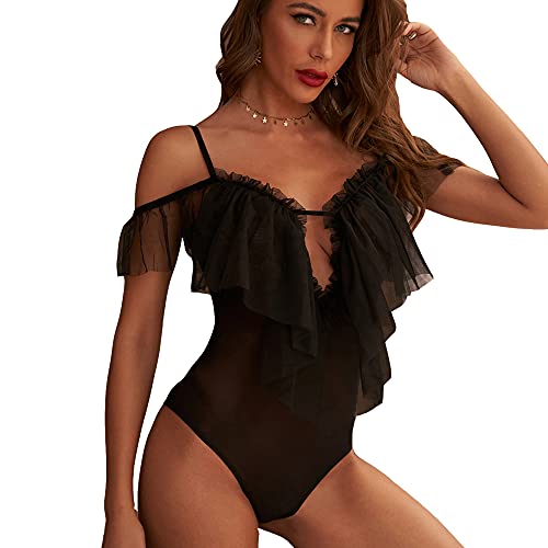 NBBNYJ Damen Body Elegante Vintage Sommer Kurzarm Spitze Schwarz Bodysuit Blusen Hemden Overall Kleidung …, Schwarz-4, L von NBBNYJ