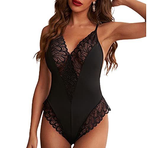 NBBNYJ Damen Body Elegante Vintage Sommer Kurzarm Spitze Schwarz Bodysuit Blusen Hemden Overall Kleidung …, Schwarz-6, L von NBBNYJ