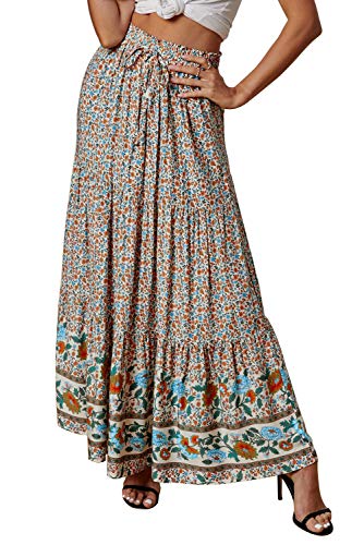 NBBNYJ Damen Maxirock Sommer Cover up Wickelrock Lang Rock Sommerrock Boho Blumen Elastisch Hohe Taille A Linie Rock Strandrock Stufenrock Knielang Rock (Multicolor, S) von NBBNYJ