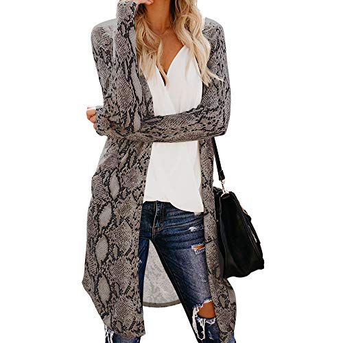 NBBNYJ Damen Strickjacke Casual Leopard Schlange Drucken Grüner Tarnmuster Lange Cardigan Mantel Strickpullover Langarm Coat Jacke S-XXL (Schlangen-Druck, L) von NBBNYJ