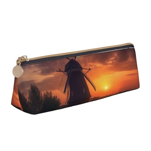 NBCCDVSH Leder-Federmäppchen mit Reißverschluss, stilvoller Stifthalter, ästhetisches Federmäppchen für Damen und Herren, Leder-Federmäppchen, Sonnenuntergang, Windmühle, Stifteetui für Arbeit, Büro von NBCCDVSH