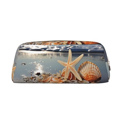 NBCCDVSH Leder-Federmäppchen mit Reißverschluss, stilvoller Stifthalter, ästhetisches Federmäppchen für Damen und Herren, Leder-Federmäppchen mit Muscheln am Strand, Stifteetui für Arbeit, Büro von NBCCDVSH