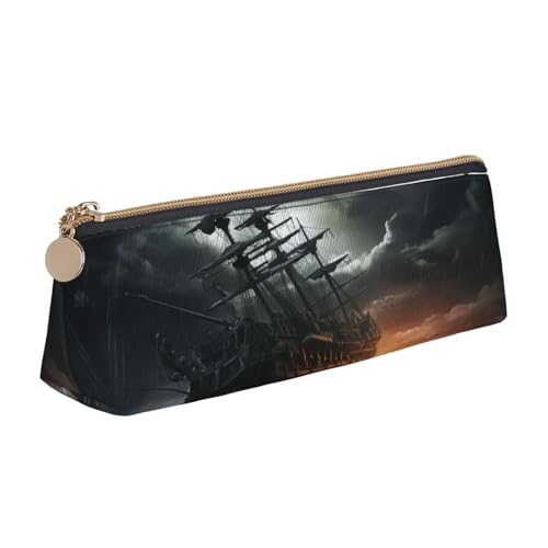 NBCCDVSH Leder-Federmäppchen mit Reißverschluss, stilvoller Stifthalter, ästhetisches Stifteetui für Damen und Herren, Leder-Federmäppchen, gruseliges Schiff auf See, Stifttasche für Arbeit, Büro von NBCCDVSH